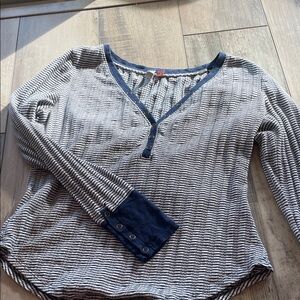 Pilcro Navy and White Textured V-Neck Blouse